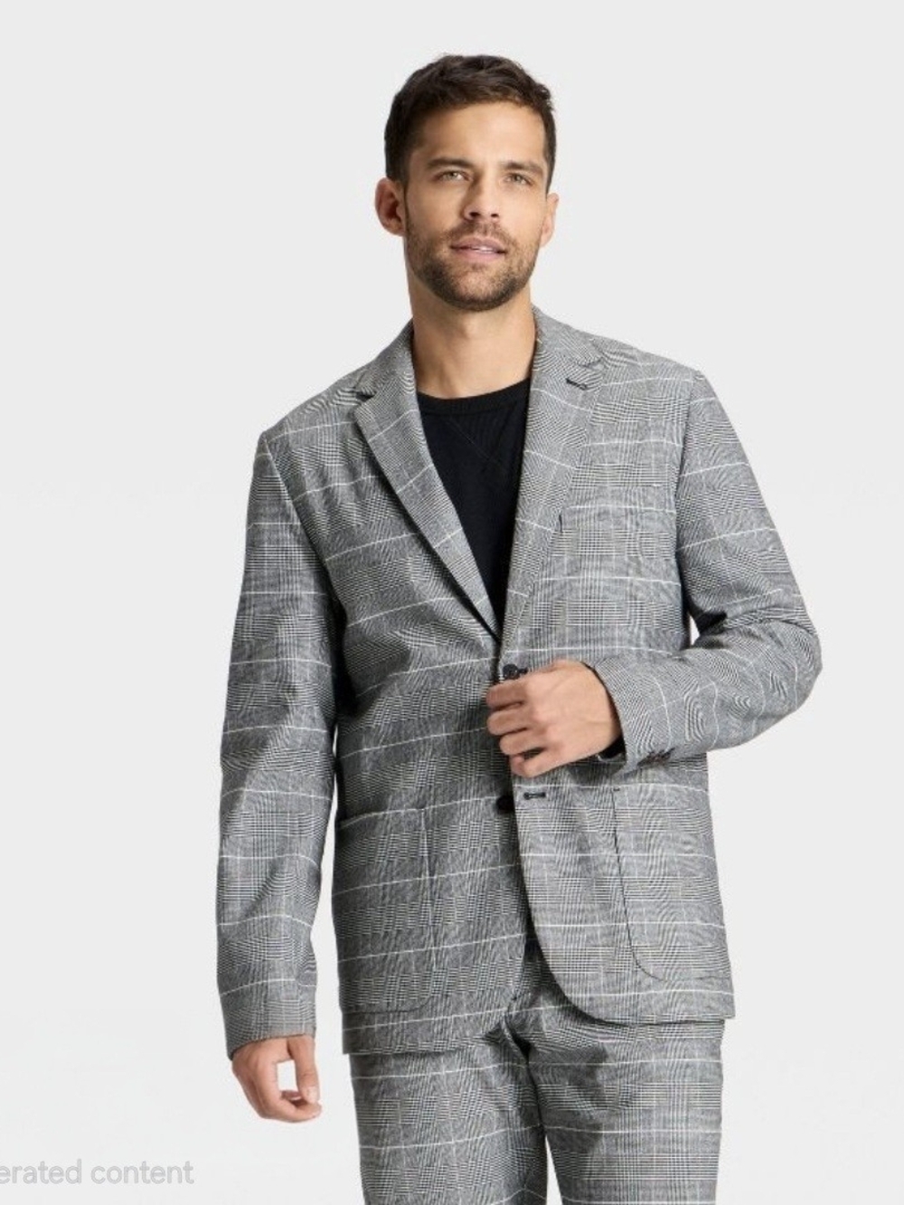 Houston White blazer features a black and white glen plaid pattern and a modern